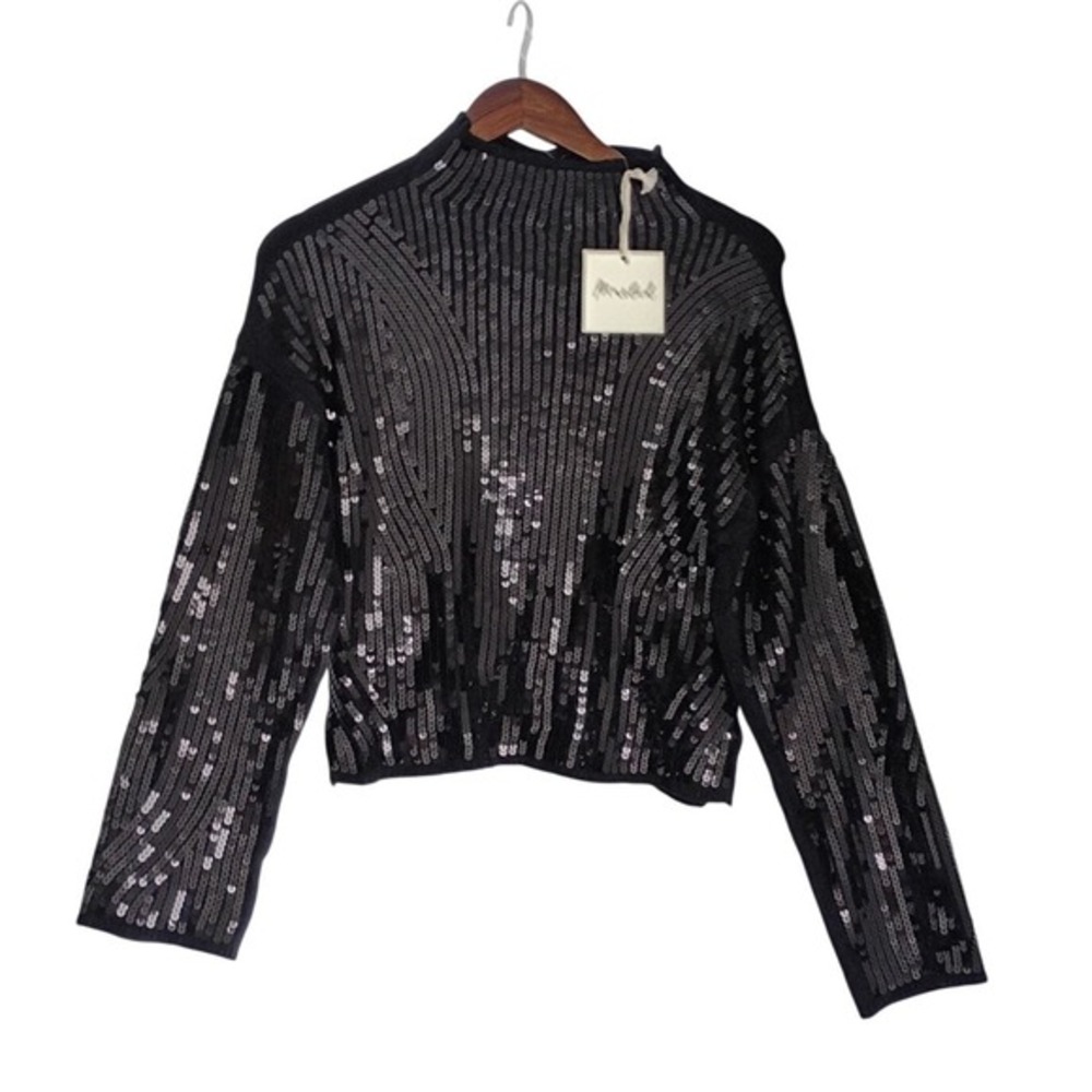 NWT Sequin Cropped Mock Neck Sweater‎ Black Marled Party Knit Fits S - Picture 2 of 8